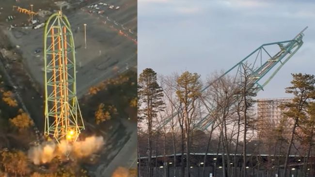 456 ft (139 m) uzunluğundaki dev bir roller coaster'ın havaya uçurulmasını izleyin: bir çağın sonu